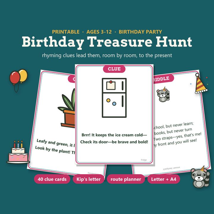 Birthday treasure hunt clue cards for kids