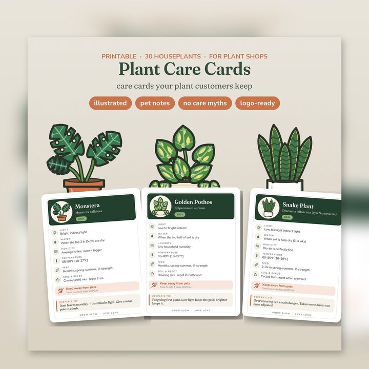 Printable houseplant care cards with plant illustrations