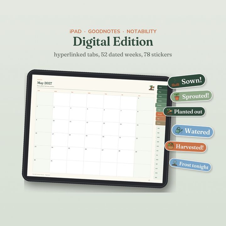 The digital 2027 garden planner on an iPad with garden stickers
