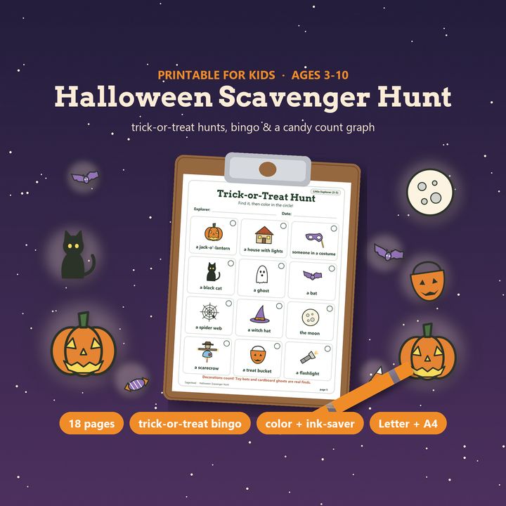 Halloween scavenger hunt printable for kids on a clipboard