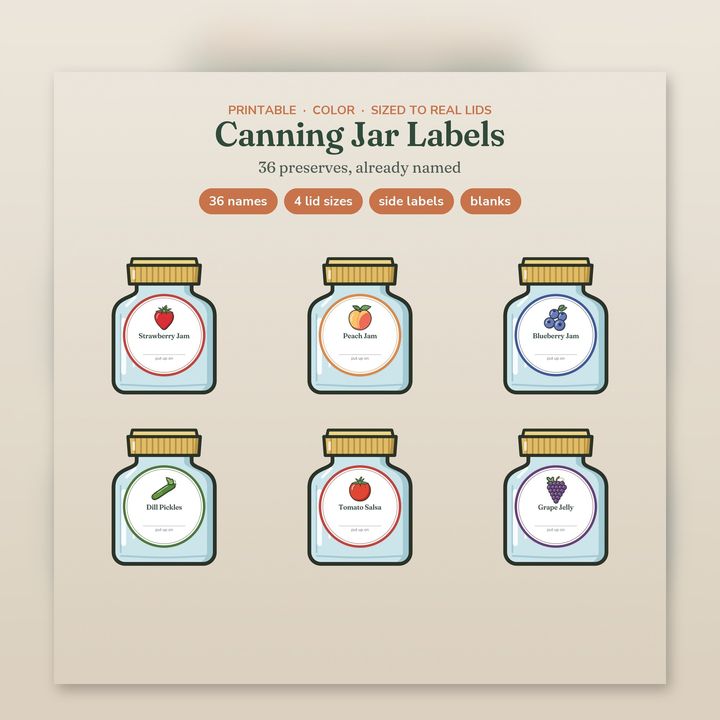 Printable canning jar labels on illustrated jars