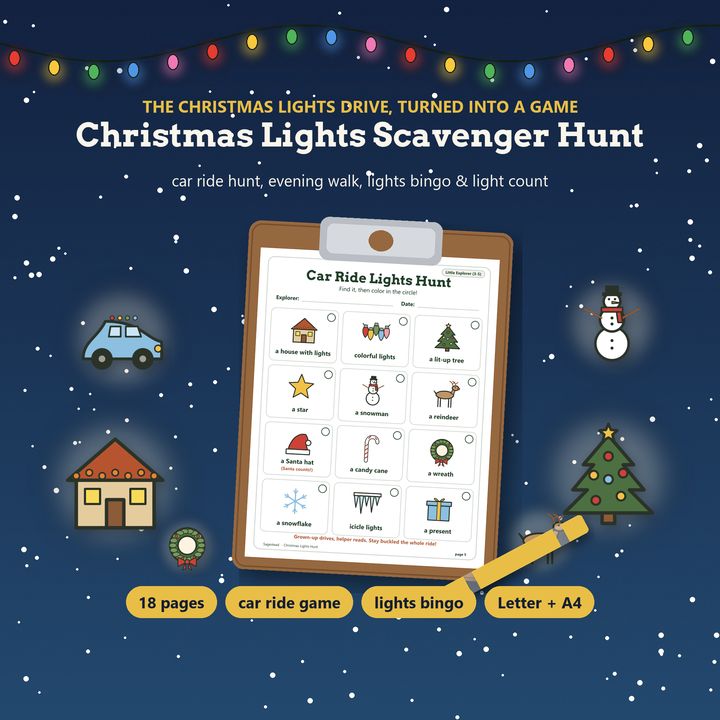 Christmas lights scavenger hunt printable for the car ride