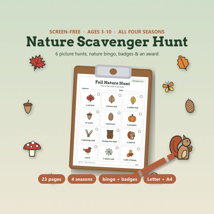 Nature Scavenger Hunt printable with picture hunts for every season