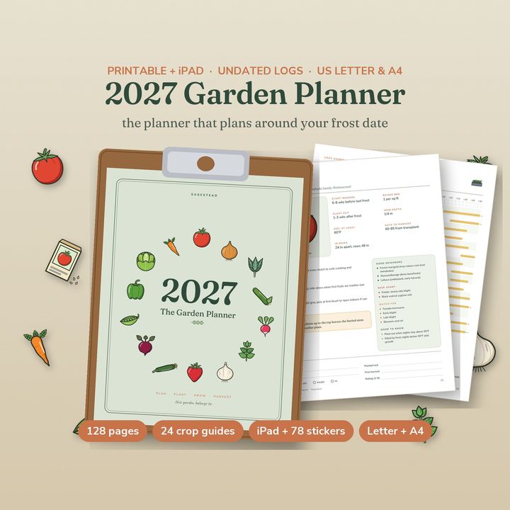 2027 Garden Planner printable on a clipboard with crop guides