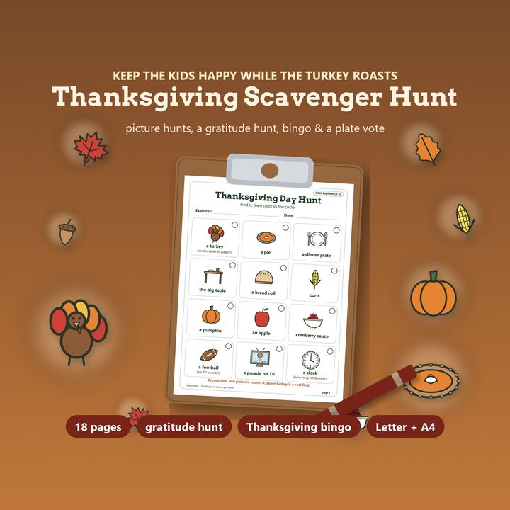 Thanksgiving scavenger hunt printable for kids on a clipboard