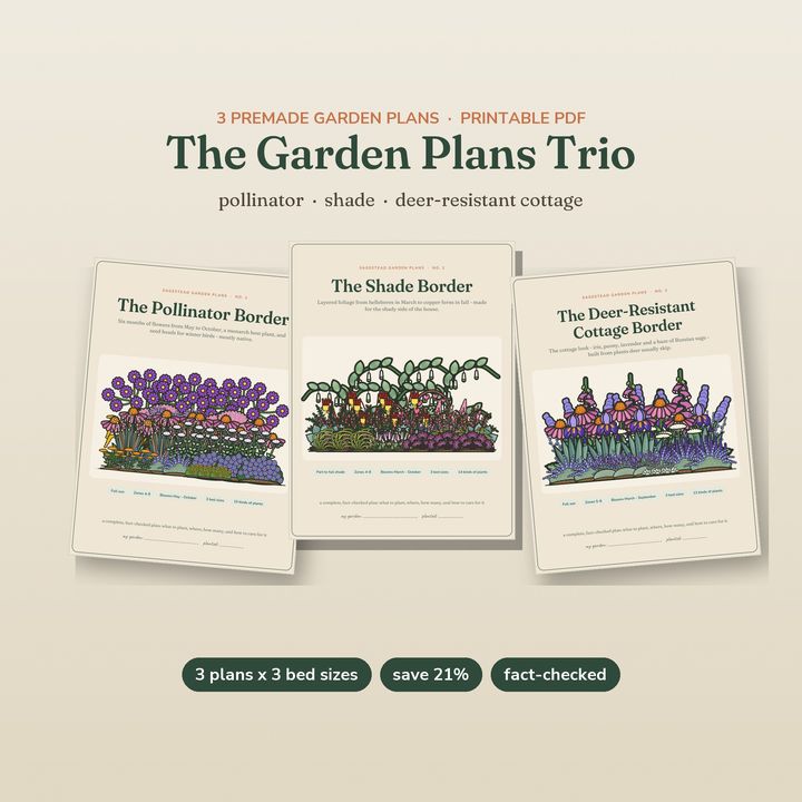 Three garden plans together: pollinator, shade and deer-resistant cottage