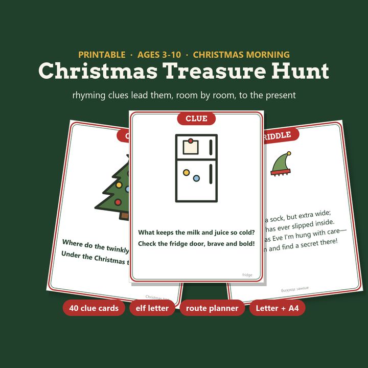 Christmas Treasure Hunt printable clue cards for kids