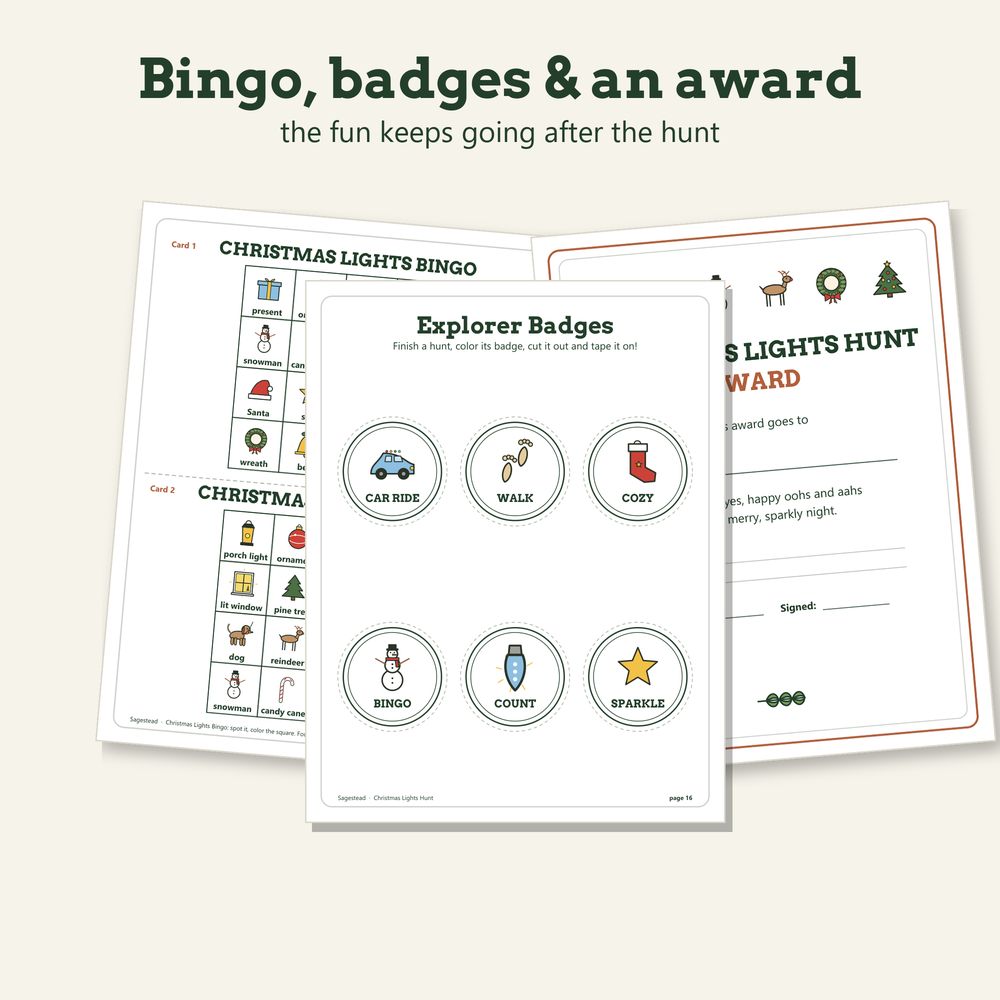 Christmas lights bingo cards with pictures of wreaths, snowmen and lit houses, plus cut-out badges