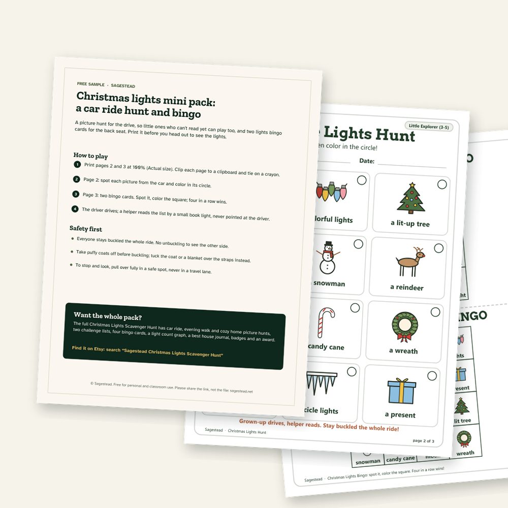 The three pages of the free Christmas lights mini pack: a how-to page, a car ride picture hunt and two bingo cards