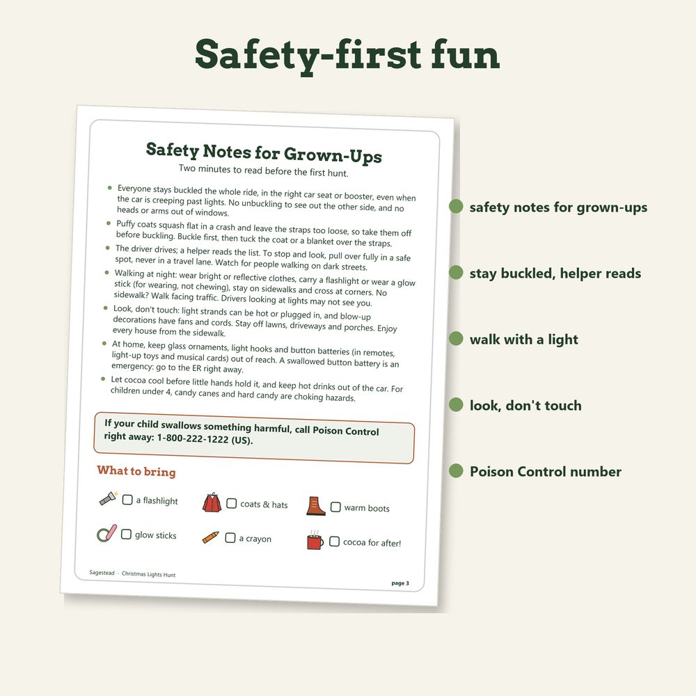 Safety notes for grown-ups from a Christmas lights scavenger hunt: car seats, walking at night and looking without touching