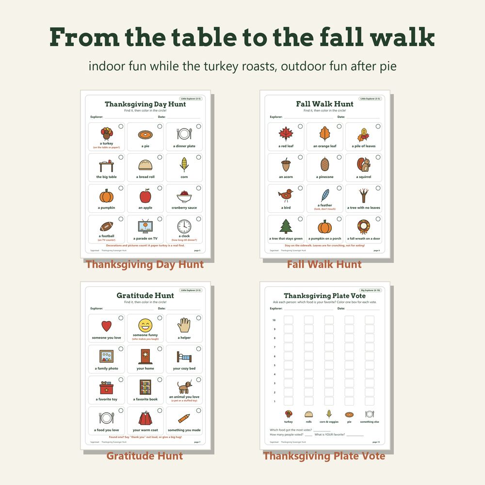 Thanksgiving scavenger hunt kids can play indoors, on a fall walk or at the table