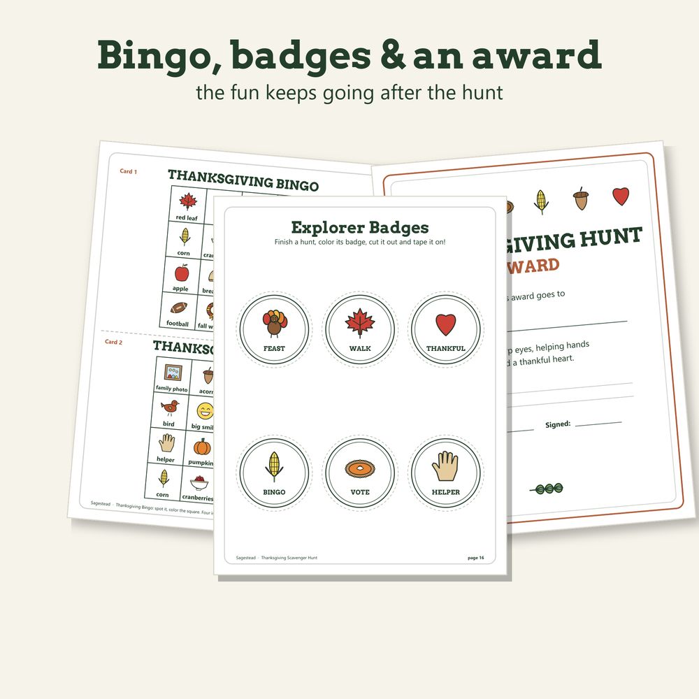 Thanksgiving bingo cards with pictures of a turkey, pie, corn and leaves, plus cut-out badges for kids