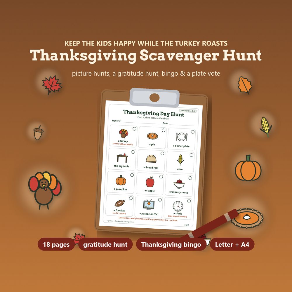 The Sagestead Thanksgiving Scavenger Hunt for kids: picture hunts, bingo and a gratitude challenge