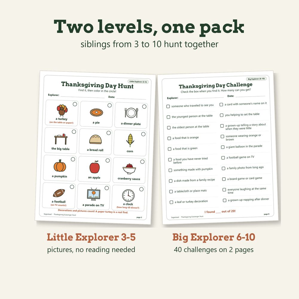 Thanksgiving scavenger hunt pages for kids: picture hunts for little ones and word challenges for older children
