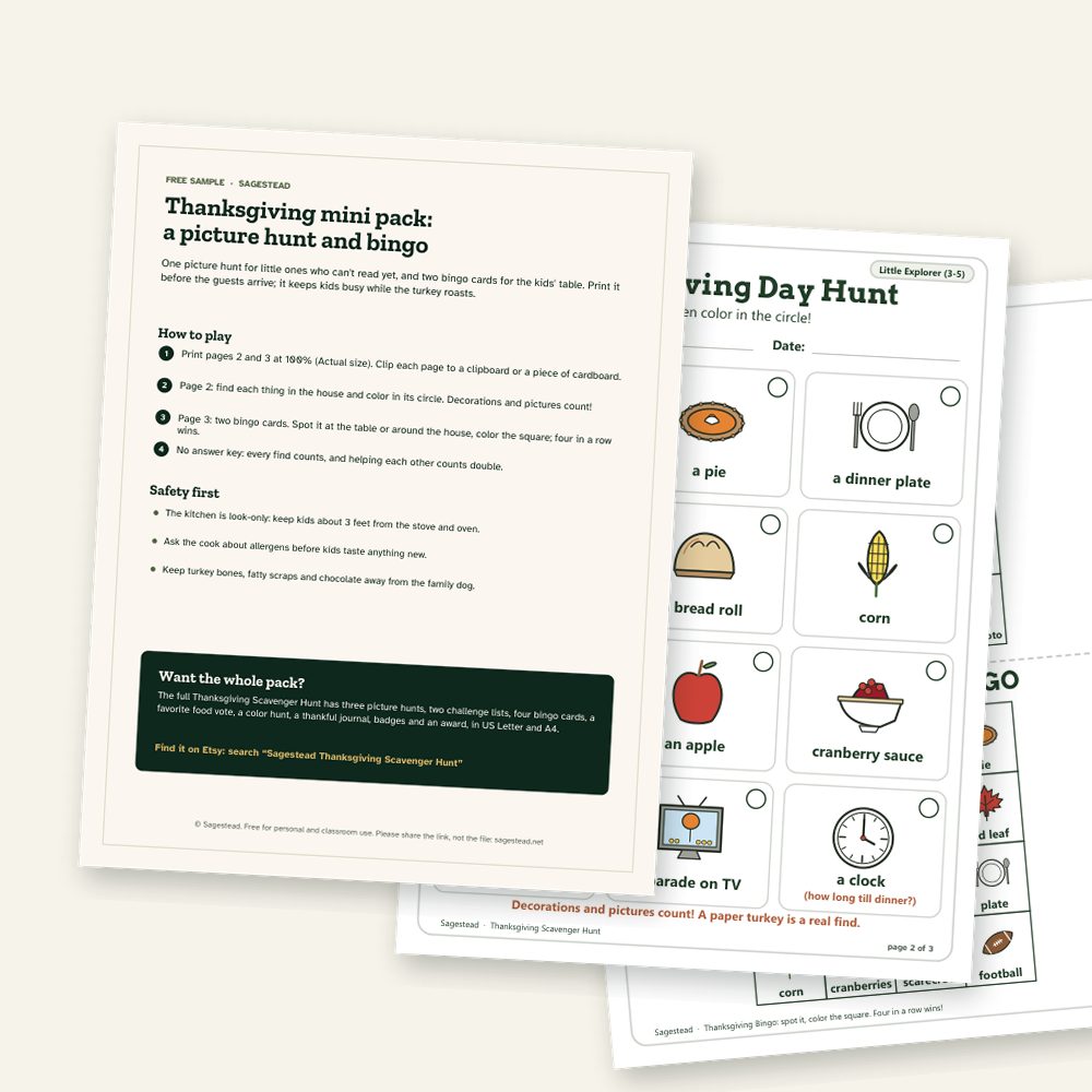 The three pages of the free Thanksgiving mini pack: a how-to page, a picture scavenger hunt and two bingo cards