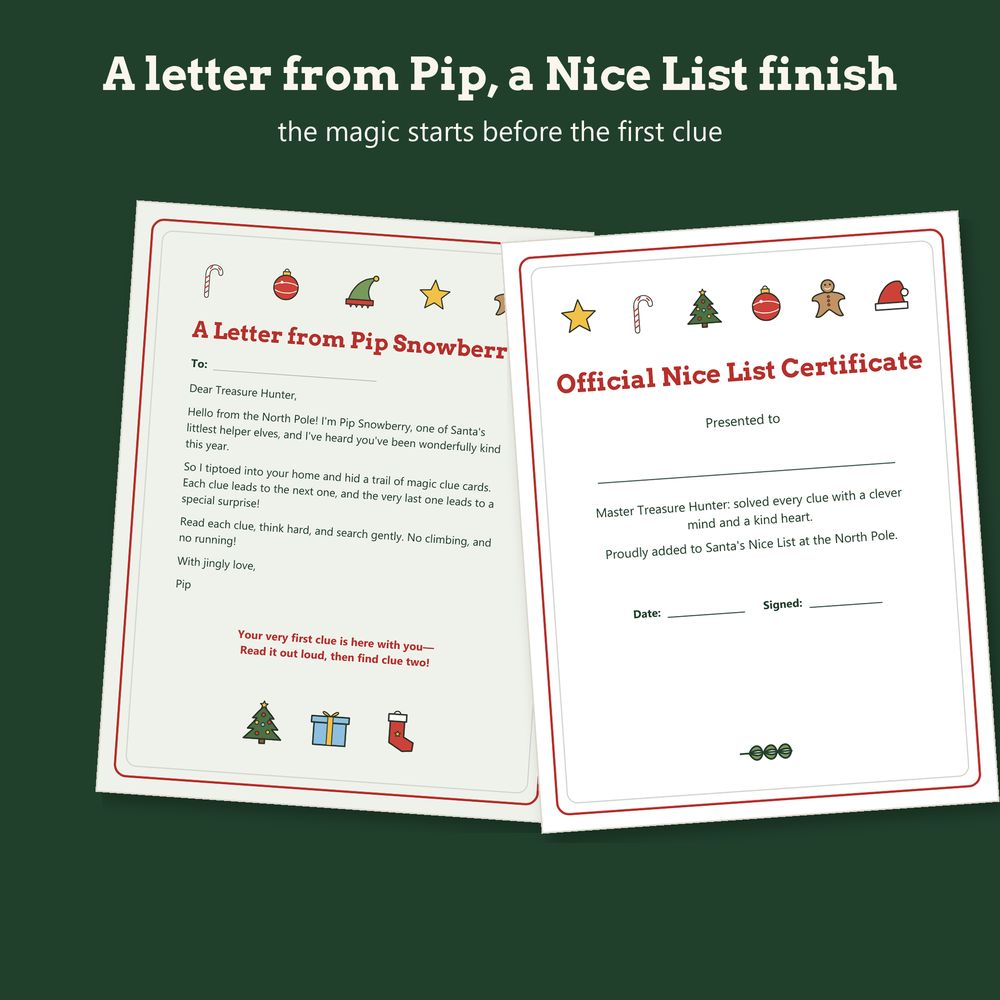 A letter from an elf and a Nice List certificate from the Sagestead Christmas Treasure Hunt