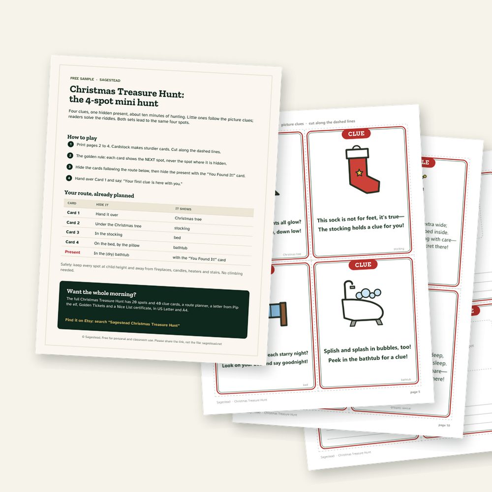 The four pages of the free mini hunt: the route page, picture clues, riddle clues and the last card